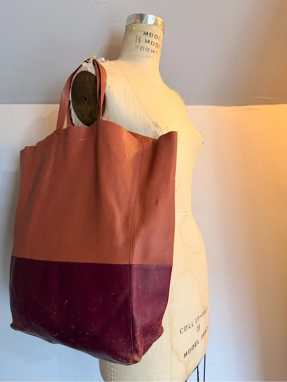 Celine Two-Tone Leather Tote in Rust and Burgundy
